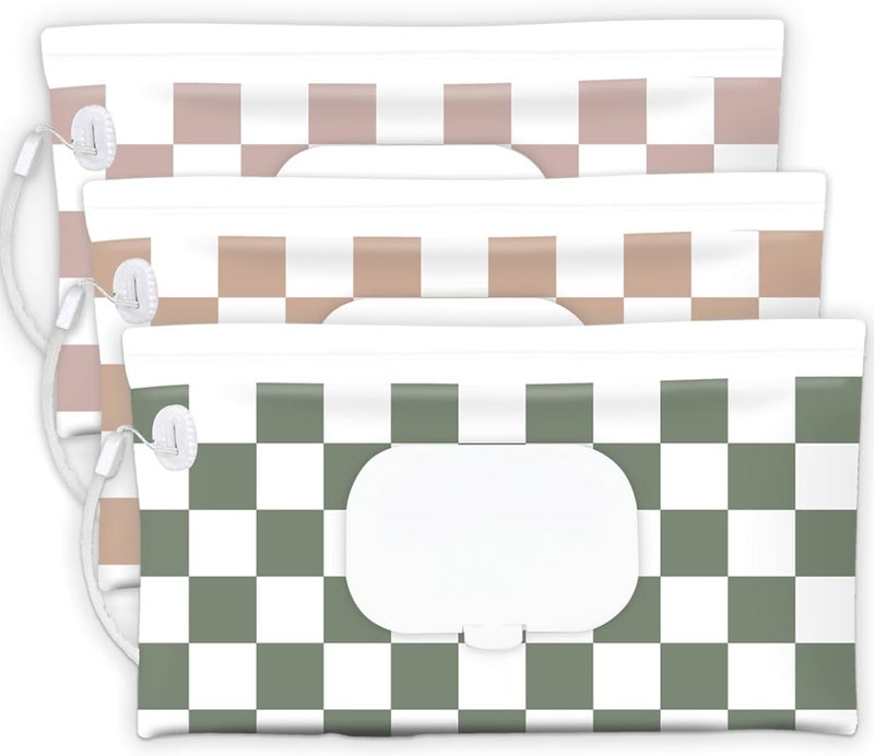 cephira Baby Wipe Holder, 3-Pack Portable Refillable Wipe Dispenser, Waterproof & Dustproof Travel Baby Wipes Case, Reusable Diaper Wipe Container with Checkerboard Design - Image 1